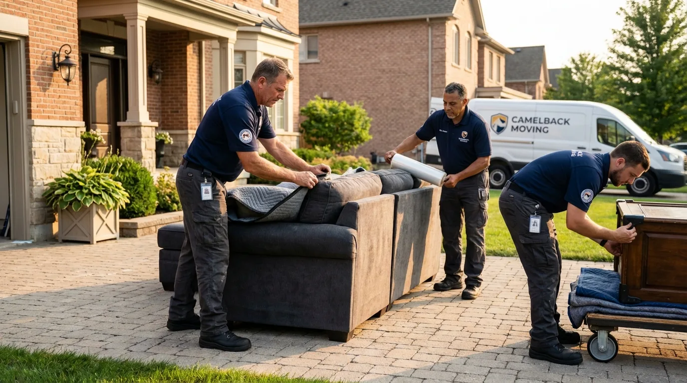 Large estate moving crew wrapping furniture in Baldwinsville, NY