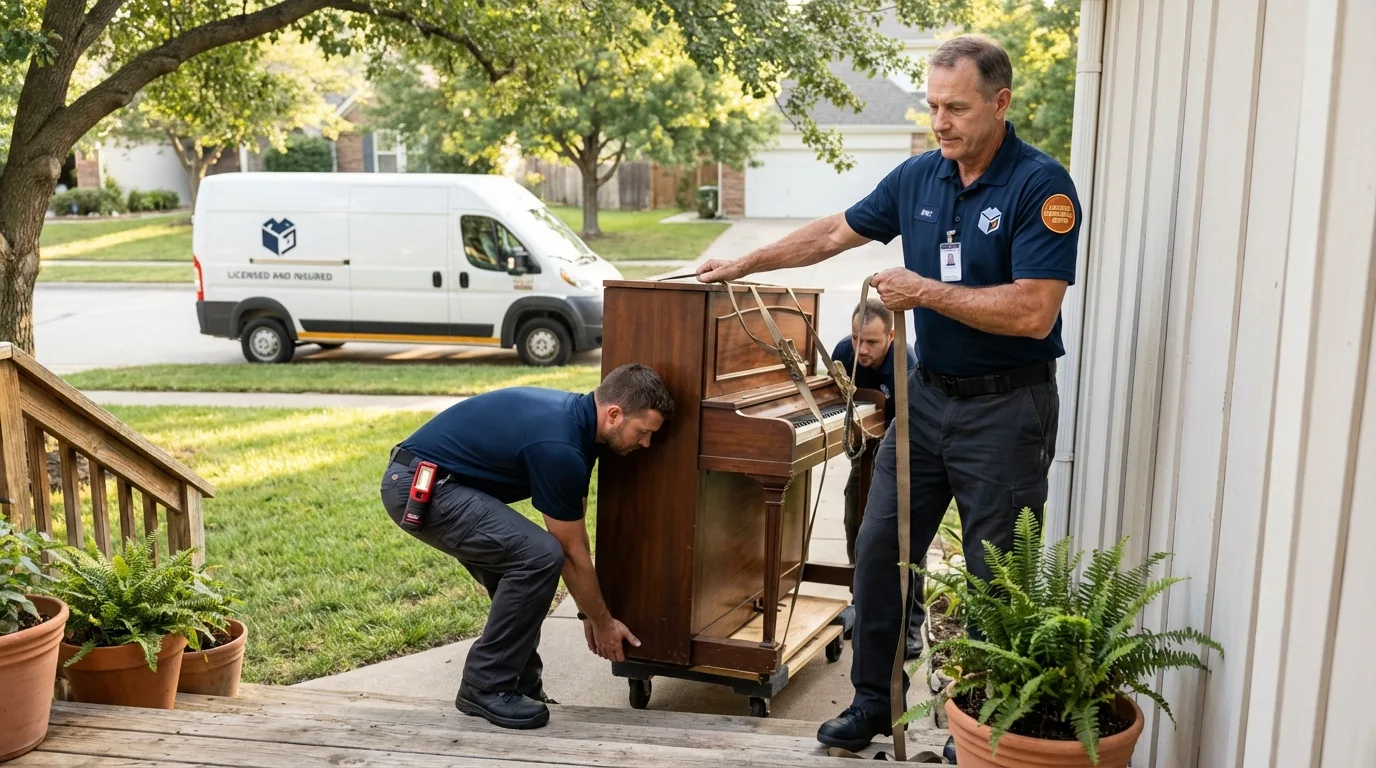 Licensed piano movers securing grand piano in Baldwinsville, NY