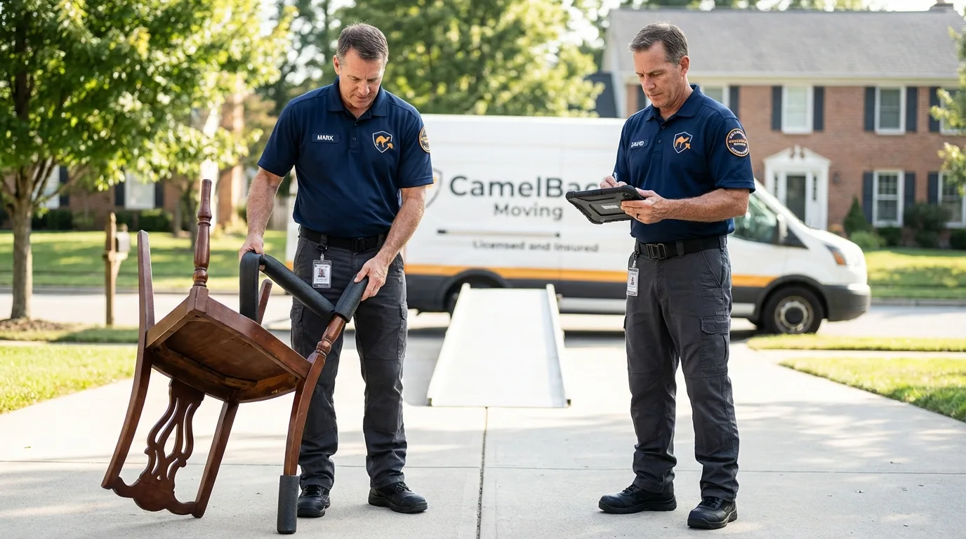 Movers inspecting furniture for damage prevention before loading in Baldwinsville, NY