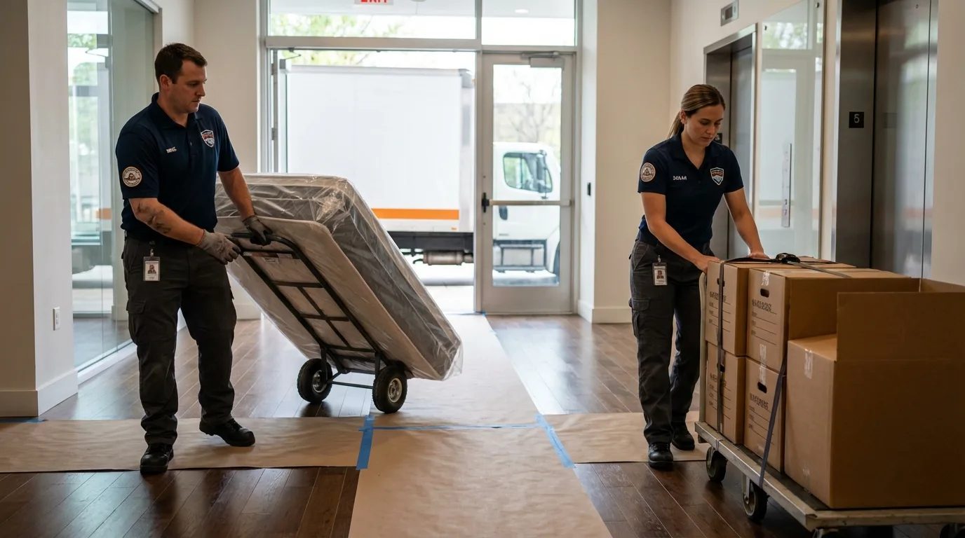 Professional apartment movers loading elevator in Baldwinsville, NY