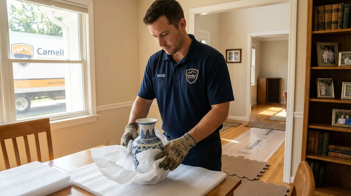 Professional crew carefully wrapping antique vase for senior downsizing move in Baldwinsville, NY